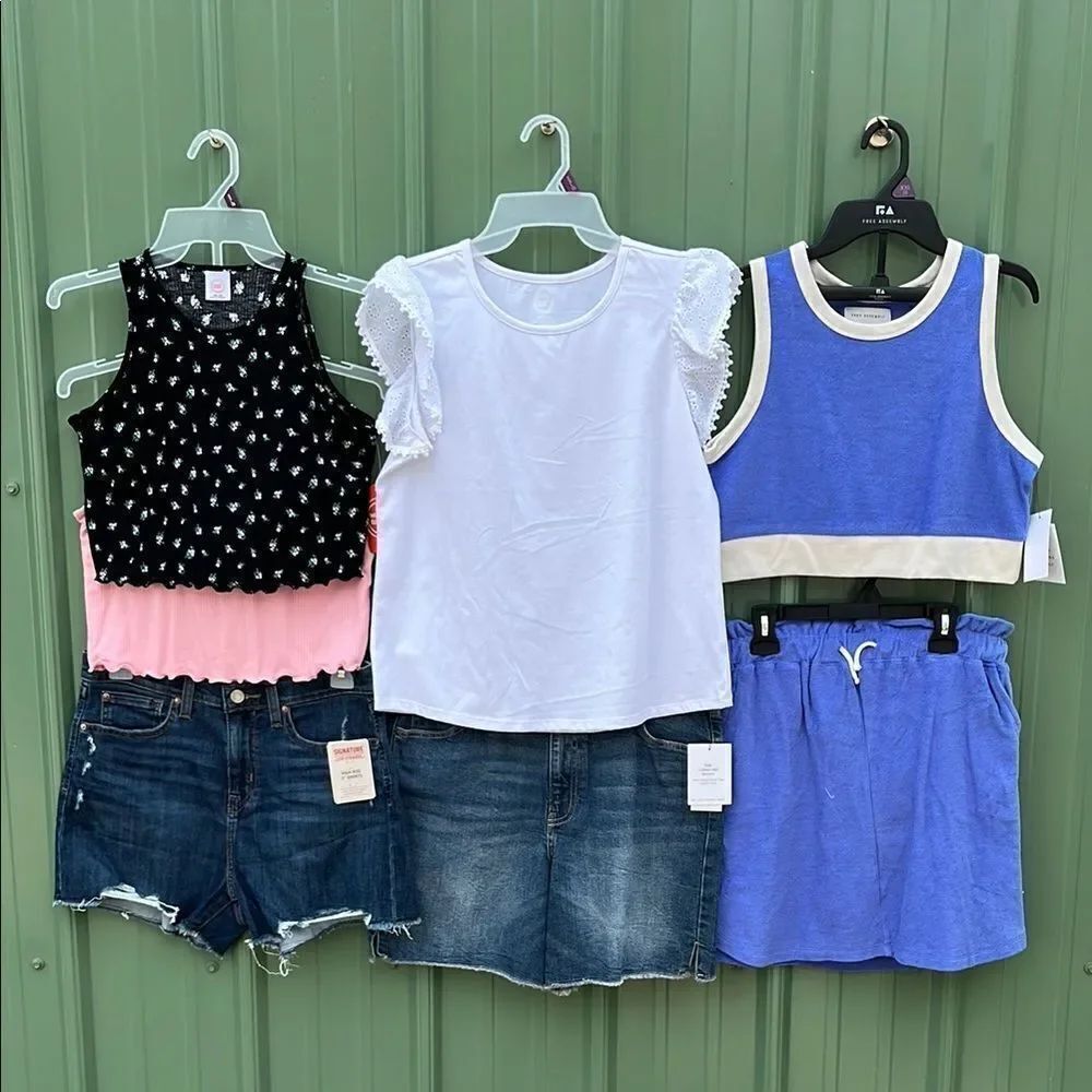 Girls Denim Shorts T-Shirt Tank Tops & Skirt 7-Piece Set Size XL Plus